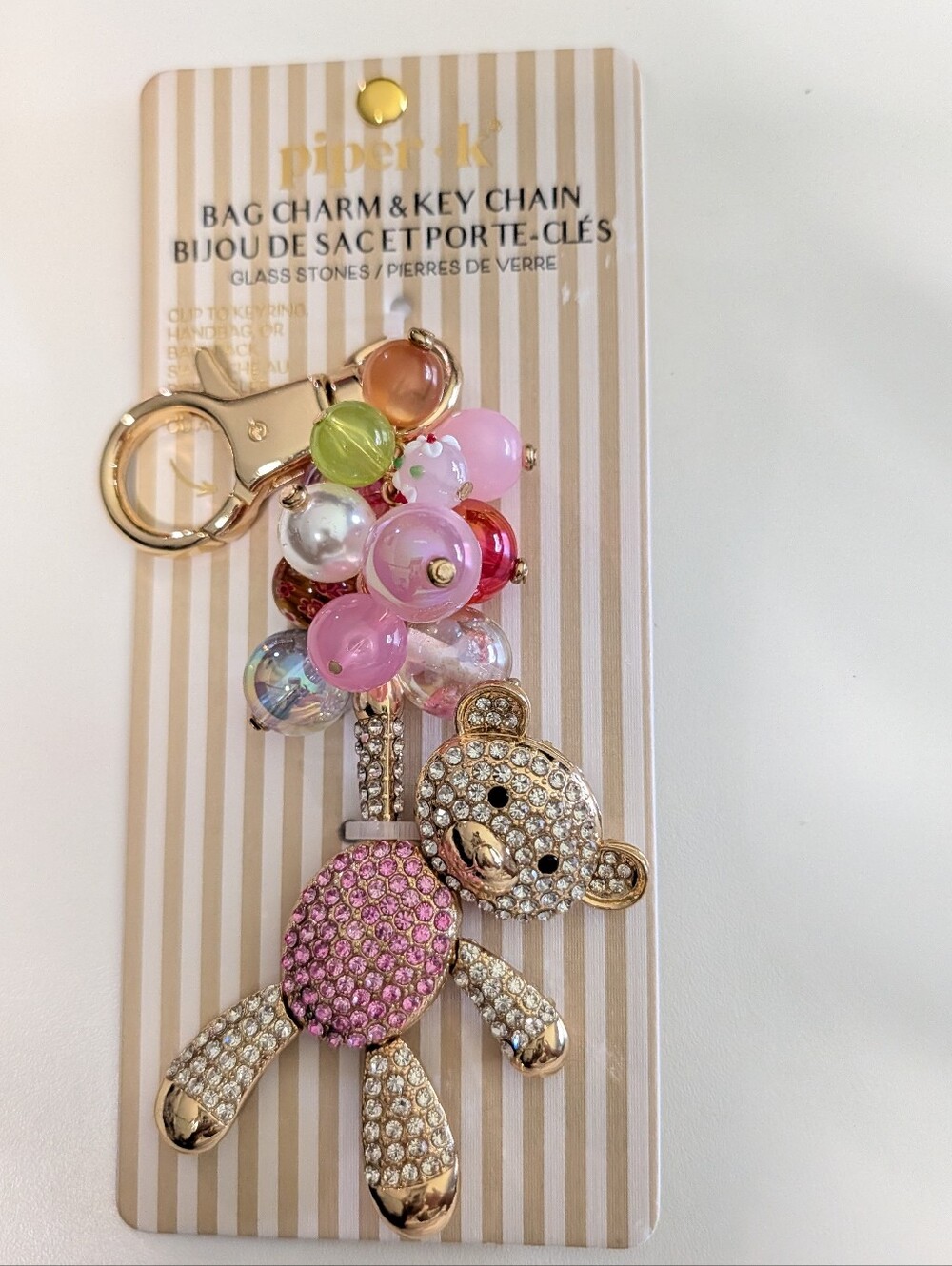 Piper K Pink Crystal Teddy Bear Bag Charm with Multicolor Beads